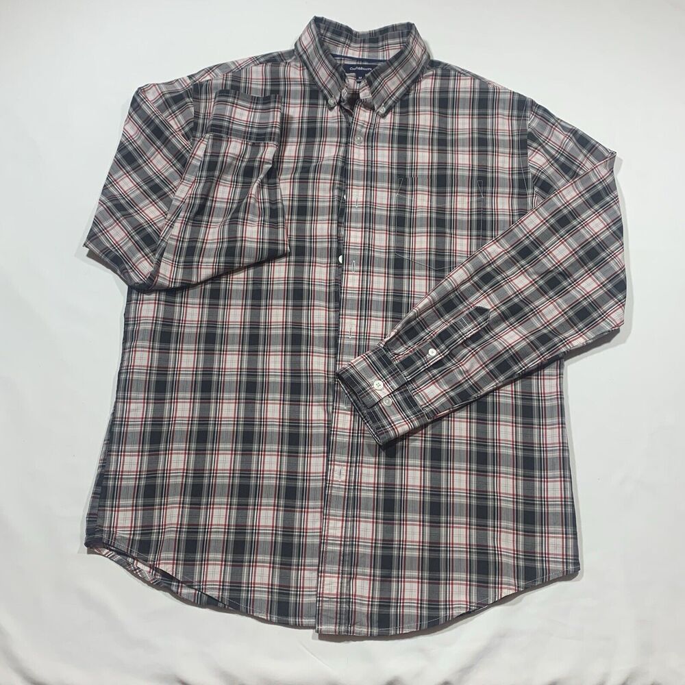 Dress Shirt Men Medium Croft & Barrow Black Plaid Cotton Blend Button-Down Colla